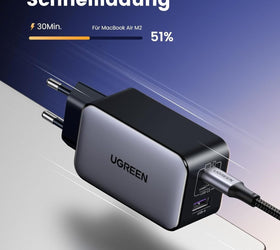 UGREEN Nexode 65W USB-C laddare med 3 portar, 2xUSB-C + 1xUSB-A, PD, PPS och GaN II