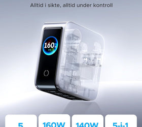 UGREEN Nexode Pro 160W USB-C laddare med 5 portar, 4xUSB-C + 1xUSB-A, Smart-Display och Touchkontroll