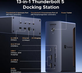 UGREEN Revodok Max Thunderbolt 5-dockningsstation 13-i-1, 120Gbps, 3xTB5-portar, 8K@60Hz/6K@60Hz/4K@240Hz, 140W laddning och 2,5Gbps Ethernet