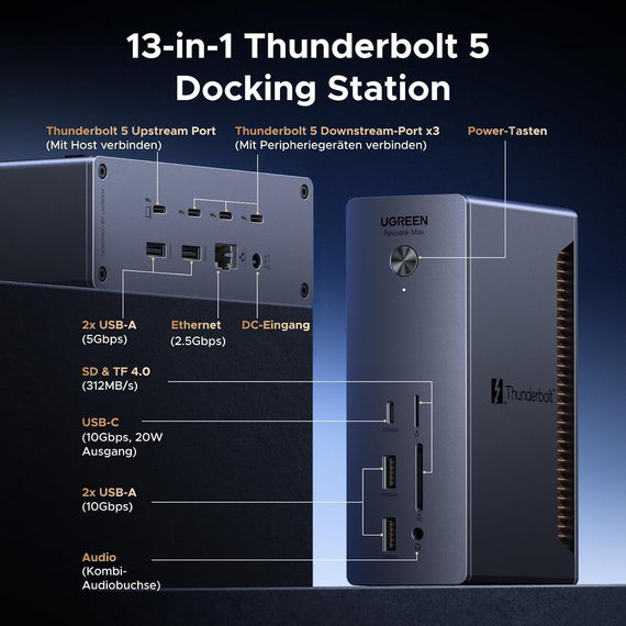 UGREEN Revodok Max Thunderbolt 5-dockningsstation 13-i-1, 120Gbps, 3xTB5-portar, 8K@60Hz/6K@60Hz/4K@240Hz, 140W laddning och 2,5Gbps Ethernet