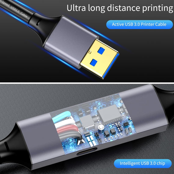 NÖRDIC USB 3.0 Aktiv Skrivarkabel - 5m USB A till USB B 3.0 Kompatibel med skrivare, konferenskamera, dockningsstation, hårddisk och mer