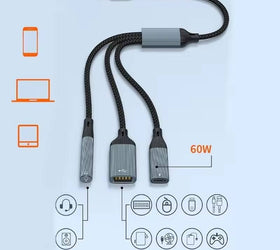 NÖRDIC USB-C Splitter 1 till 3, 1xUSB-A 1xUSB-C PD60W 1x3,5mm hörlursuttag OTG Kabel