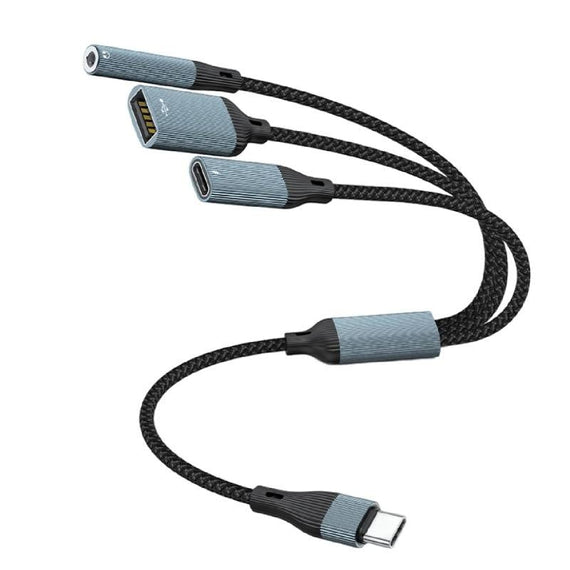NÖRDIC USB-C Splitter 1 till 3, 1xUSB-A 1xUSB-C PD60W 1x3,5mm hörlursuttag OTG Kabel