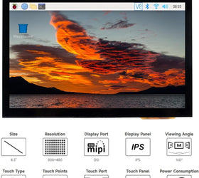 Waveshare 4.3 inch LCD Capacitive Touch Display for Raspberry Pi 5/4B/3B+/3A+/3B/2B/B+/A+ 800 × 480 IPS