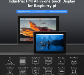 Waveshare Industrial HMI All-in-One 10.1 Inch Touch Display, Compatible with Raspberry Pi 4 (Included), Supports Dual 4K HDMI Output,