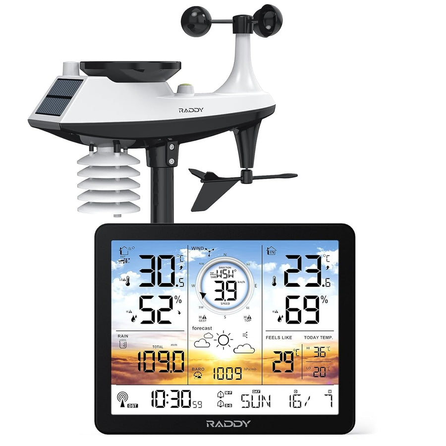 Trådlös väderstation för inomhus- och utomhusbruk, professionell termometer, radiostyrd klocka, temperatur- och luftfuktighetsmätare, 7,4" LCD-Display