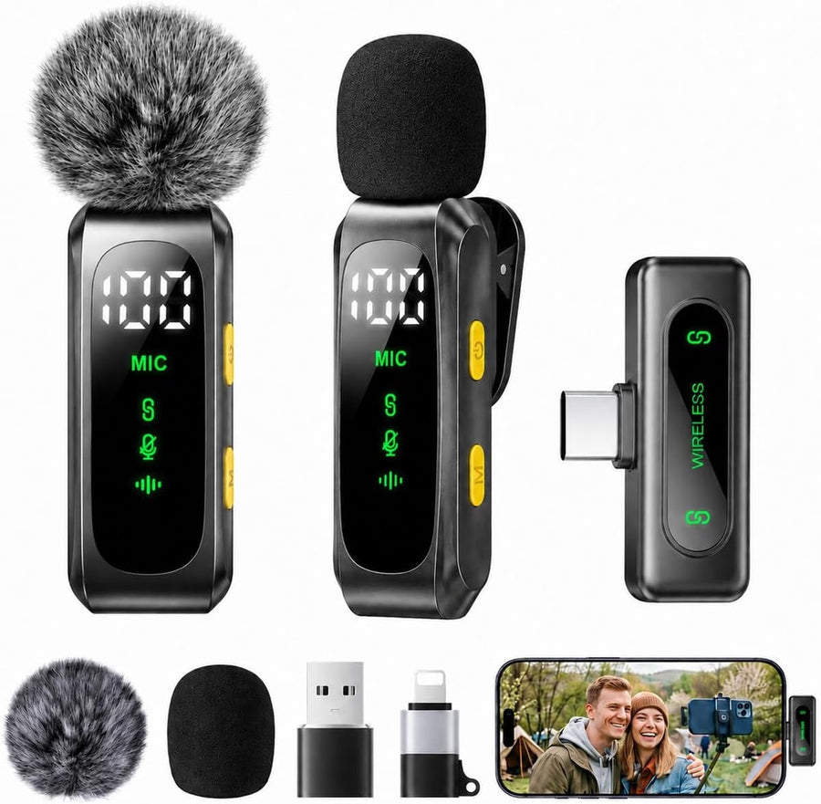 NÖRDIC Trådlös Lavaliermikrofon med klämma, LED-display och brusreducering för videoinspelning, TikTok, YouTube, vlogg, podcast och innehållsskapande