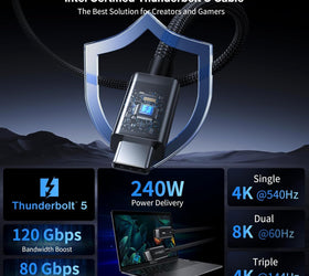 NÖRDIC 1m Thunderbolt 5 kabel Intel Certifierad, 80Gbps Dataöverföring, 120Gbps Bandbredd,  240W Laddning, Dubbla 8K Skärmar, Kompatibel med MacBook M4 TB4/DP2.1/USB4