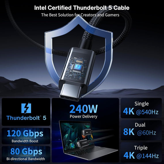 NÖRDIC 1m Thunderbolt 5 kabel Intel Certifierad, 80Gbps Dataöverföring, 120Gbps Bandbredd,  240W Laddning, Dubbla 8K Skärmar, Kompatibel med MacBook M4 TB4/DP2.1/USB4
