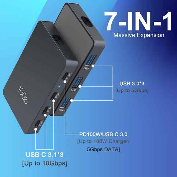 USB-C Hubb 7 portar 3xUSB-C 3.2 10G 3xUSB-A 3.1 5G 1xUSB-C PD100W