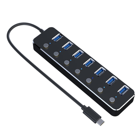 7-port hubb USB-C 3.0 5Gbps med individuell switch 25cm kabel svart aluminium