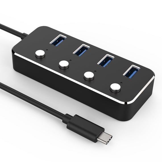 4-port hubb USB-C 3.0  5Gbps med individuell switch 25cm kabel svart aluminium