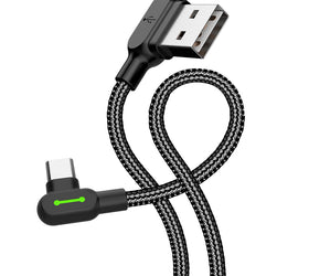 Mcdodo CA-5282 Vinklad USB C till vinklad USB A kabel för synkning och snabb laddning med LED svart 1,8m