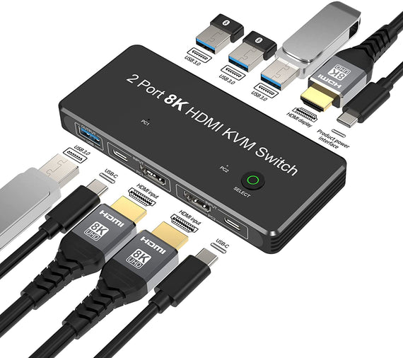 USB-C och HDMI 2.1 8K60Hz KVM switch 2 till 1 HDCP2.3 HDR10 med 4xUSB-A output
