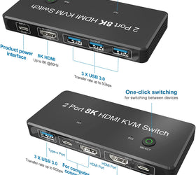 NÖRDIC USB-C och HDMI 2.1 8K60Hz KVM switch 2 till 1 HDCP2.3 HDR10 med 4xUSB-A output