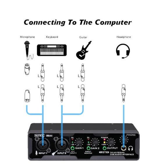 USB Audio Interface två input 24bit 192KHz med XLR/TRS