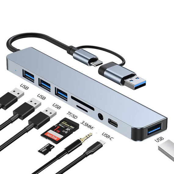 USB Hubb 8ports 3xUSB-A 2.0 1xUSB-A 3.0 1xUSB-C 3.1 1xSD 1xmicroSD 1xAudio