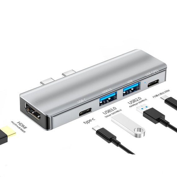 2 till 5 USB-C Dockningssstation för MacBook Pro och Air 1xHDMI 4K30Hz 1xUSB-C 1xUSB-C PD100W 1xUSB-A 3.0 1xUSB-A 2.0