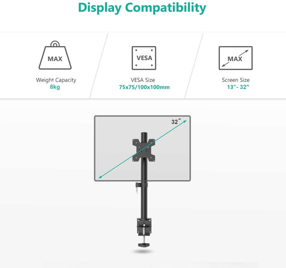 Monitorarm bordsfäste för 1 monitor 13-32 med justerbar höjd roterbar och lutbar, stål, svart, skärmfäste VESA 75 och 100