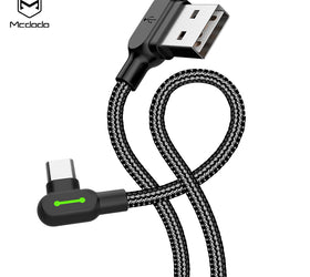 Mcdodo CA-5280 Vinklad USB C till vinklad USB A kabel för synkning och snabb laddning med LED svart 0,5m