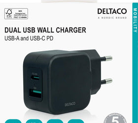 DELTACO Dual USB väggladdare USB-A 18W och USB-C PD 20W
