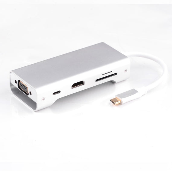 1 till 8 USB C Aluminium Dockningsstation 1xHDMI 4K 30Hz 1xVGA 1080p 3xUSB 3,1 5Gbp 1x USB C PD87W 1xSD/TF kortläsare silver