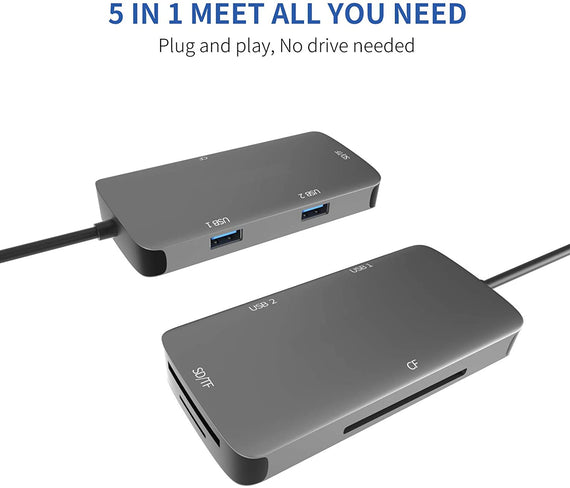 1 till 5 USB-C adapter SD/TF och CF kortläsare med 2xUSB3.0 upp till 5Gbps