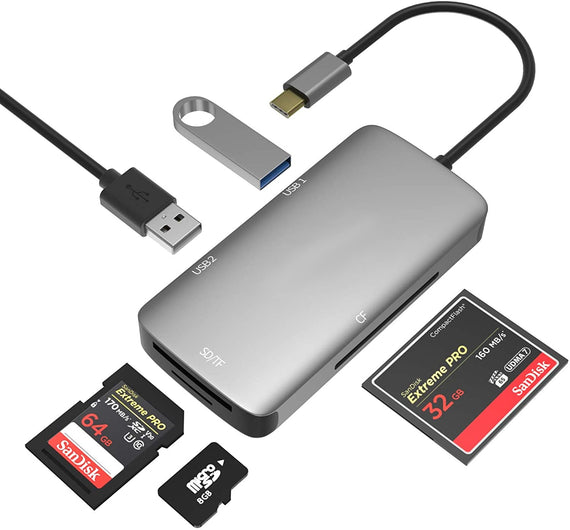 1 till 5 USB-C adapter SD/TF och CF kortläsare med 2xUSB3.0 upp till 5Gbps