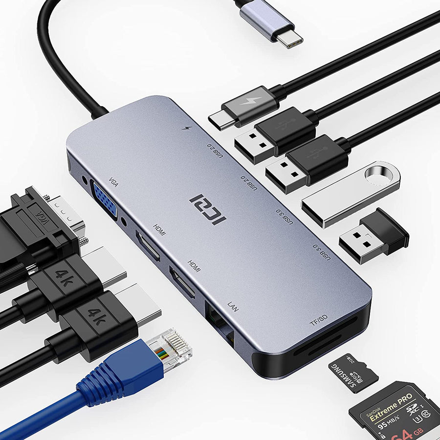 1 till 11 USB-C dockingsstation för trippla monitorer 2xHDMI 4K30Hz, 1xVGA  PD 100W Macbook M1 M2 Thunderbolt 3 & 4