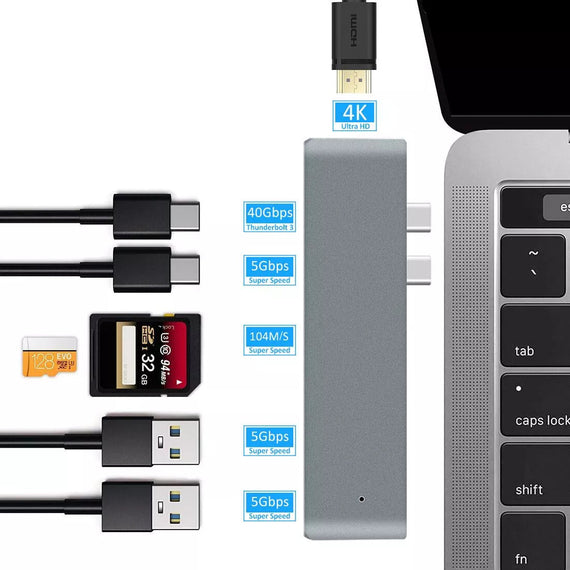 2 till 7 USB-C dubbla monitorer dockningsstation för MacBook Pro och Air 1xHDMI 4K30Hz 1xThunderbolt 3xUSB-C 5K60Hz 40G 1xUSB-C 100W PD