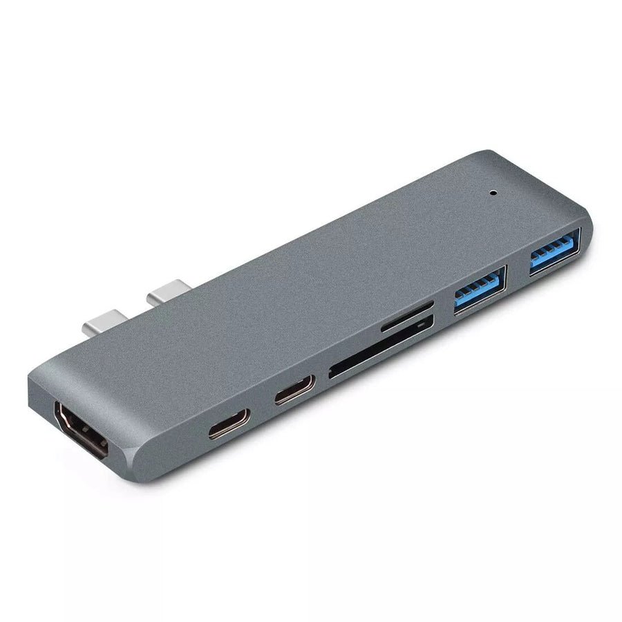 NÖRDIC 2 till 7 USB-C dubbla monitorer dockningsstation för MacBook Pro och Air 1xHDMI 4K30Hz 1xThunderbolt 3xUSB-C 5K60Hz 40G 1xUSB-C 100W PD