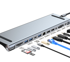 NÖRDIC 1 till 12 USB-C dockingsstation för tredubbla monitorer 2xHDMI 4K30Hz, 1xVGA, USB-C PD 100W, Thunderbolt 3 & 4