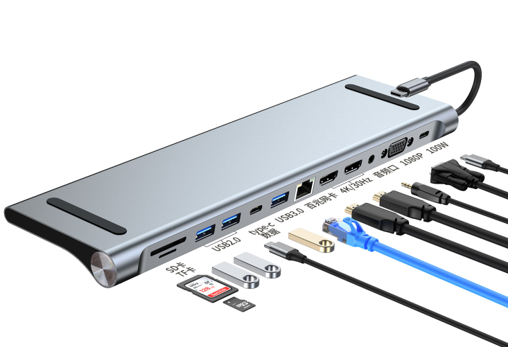 NÖRDIC 1 till 12 USB-C dockingsstation för tredubbla monitorer 2xHDMI 4K30Hz, 1xVGA, USB-C PD 100W, Thunderbolt 3 & 4