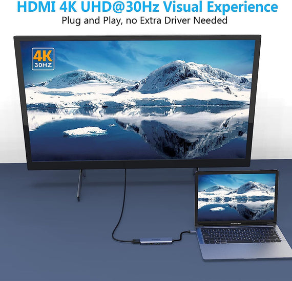 1 till 6 USB C Aluminium Dockningsstation 1xHDMI 4K 30Hz 2xUSB-A 3.1 5Gbps 1x USB C PD87W 1xSD/TF kortläsare