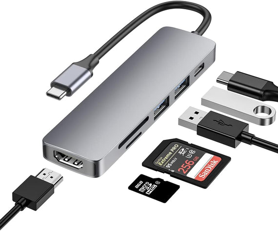 1 till 6 USB C Aluminium Dockningsstation 1xHDMI 4K 30Hz 2xUSB-A 3.1 5Gbps 1x USB C PD87W 1xSD/TF kortläsare