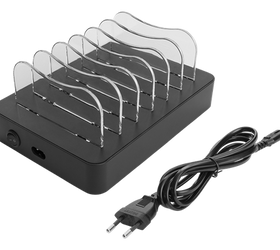 DELTACO USB-laddningsstation för 6 enheter, 5x USB-A, 1x USB-C PD, snabbladdning, totalt 50 W, svart