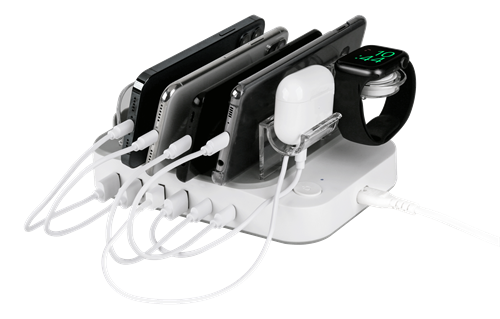 DELTACO USB-laddningsstation för 6 enheter, 4x USB-A, 2x USB-C, snabbladdning, totalt 50 W, vit