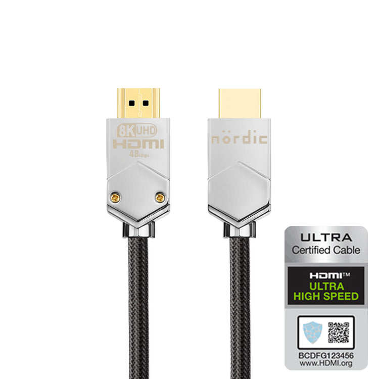 NÖRDIC CERTIFIED CABLES 2m Ultra High Speed HDMI 2.1 8K 60Hz 4K 120Hz 48Gbps Dynamic HDR eARC VRR extra slitstark nylonflätad kabel guldpläterad