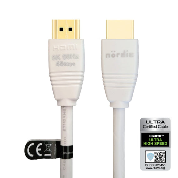 CERTIFIED CABLES 3m Ultra High Speed HDMI2.1 8K 60Hz 4K 120Hz 144Hz 48Gbps Dynamic HDR eARC Game Mode VRR Dolby ATMOS guldpläterad PVC vit