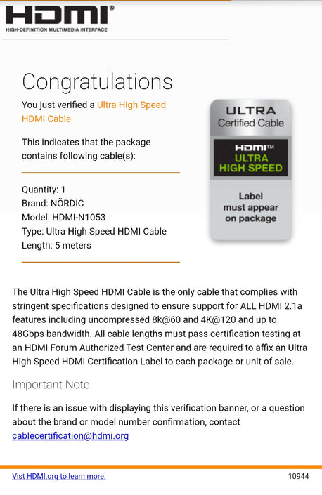 CERTIFIED CABLES 5m Ultra High Speed HDMI 2.1 8K 60Hz 4K 120Hz 48Gbps Dynamic HDR eARC VRR guldpläterade kontakter