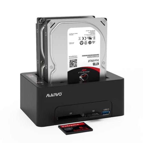 Maiwo K3082CR USB3.1 GEN1 5Gbps Dockningsstation, 2st SATA HDD SDD 14TB med stöd för UASP, Stöd för SATAIII 6Gbps, kloning, kortläsare, USB hub