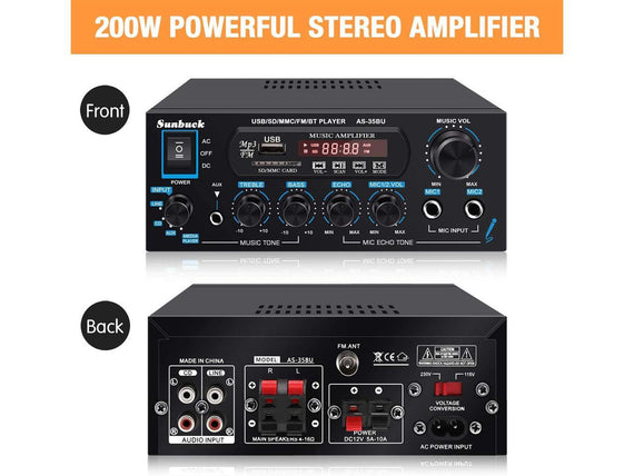 Bluetooth 5.0 stereo amplifier 60+60W RMS förstärkare 2 mikrofon input digital audio karaoke