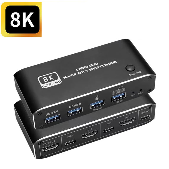 USB-C och HDMI 2.1 8K60Hz  KVM switch 2 till 1 HDCP2.3 HDR10 med 4XUSB-A output