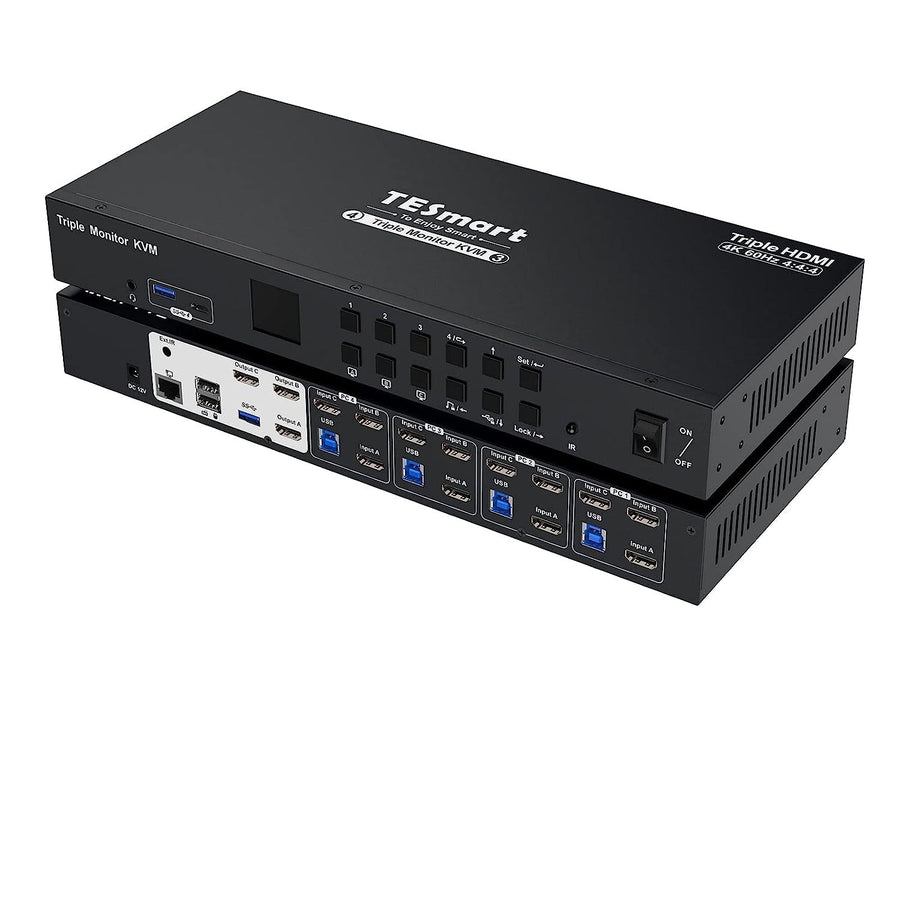 HDMI KVM Switch 4 PC till 3 monitorer 4K60Hz headset, audio mikrofon, RJ45 LAN