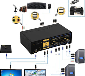 KVM 2x2 DP Switch Dual Monitor Displayport 1.2 4K60Hz 4:4:4 med 2xaudio och 4xUSB-A