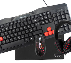 KIT1, komplett starter gamingkit 4-i-1, Tangentbord, Mus, Headset, Musmatta, svart med detaljer i rött