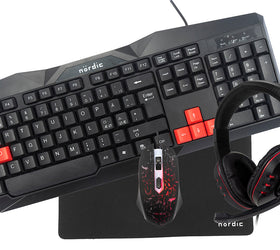 NÖRDIC  KIT1, komplett starter gamingkit 4-i-1, Tangentbord, Mus, Headset, Musmatta, svart med detaljer i rött
