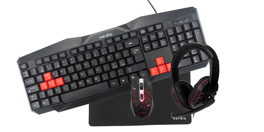 KIT1, komplett starter gamingkit 4-i-1, Tangentbord, Mus, Headset, Musmatta, svart med detaljer i rött