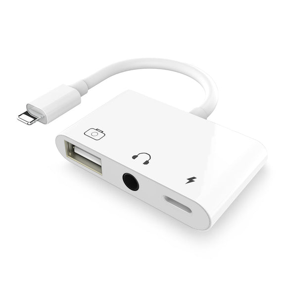 Lightning adapter 1 till 3 portar 1xUSB A 1x audio 3,5mm och 1x Lightning för laddning