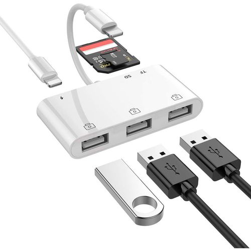 Lightning adapter 1 till 6 portar 3xUSB A 3.1, 1xTF 1xSD kortläsare 1 x Lightning (Non MFI) laddningsport